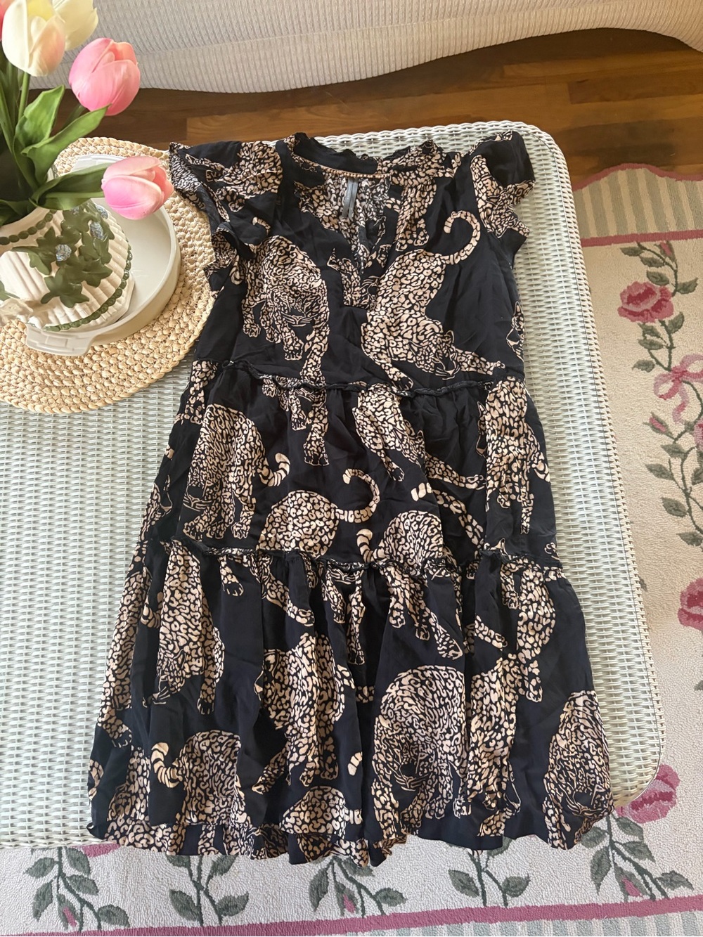 Anthropologie Black Dress with Beige Leopard Print